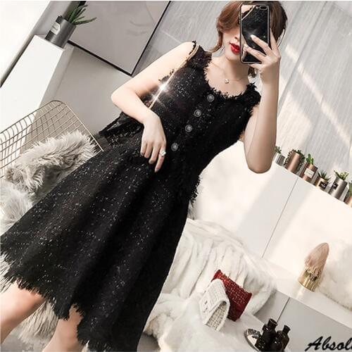 Black tweed dress 2020 spring / autumn womens dress new ladies retro vest waist a-line dress