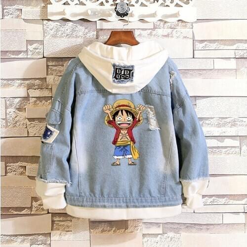 Men Women Jeans Jacket Coat Anime One Piece Monkey Luffy Pullover Hoodies Outwear Sportswear Streetwear Cosplay Costume Clothes