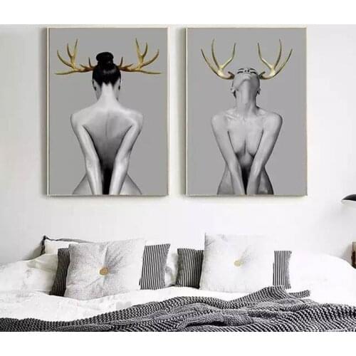 The Sexy Naked Woman and Golden Deer Canvas Paintings Posters and Prints Wall Art Picture for Living Room Home Decoration