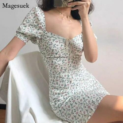 Korean Elegant Bodycon Dresses Floral Print Summer Dress 2021 Puff Sleeve Mini Sexy White Dress Women Clothing Vestidos 14669