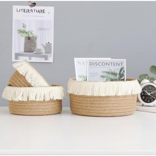 Storage Basket Natural Anti-deform Jute Handmade Snacks Cosmetic Book stationery Organizer Basket for Home