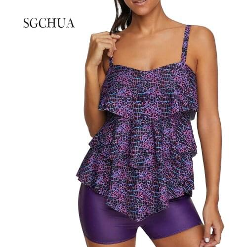 Plus Size Two Piece Swimsuit Solid Purple Print Swimwear Women Ruffle Tankini Push Up Swimsuit Shorts Bathing Suit 5XL Beach Pad