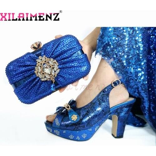 2020 Summer Newest African Design Italian Women Shoes Matching Bag Decorate with Rhinestone Nigerian Lady Shoes in Blue Color