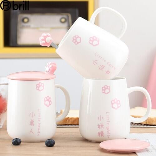 Korean Cat Cute Mug Cartoon with Lid with Spoon Ceramic Mug Creative with Handle Tazas Friends Cat Paw Cup Best Friend Caneca 60