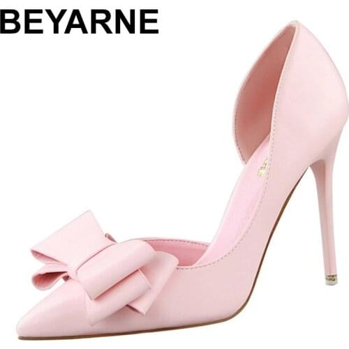 BEYARNE 2021Fashion Delicate Sweet Bowknot High Heel Shoes Side Hollow Pointed Women Pumps Pointed Toe 10.5CM thin Dress Shoes