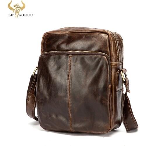 Retro Thick Genuine Leather Male Messenger bag Satchel Coffee Design Crossbody One Shoulder bag School Book Bag For Men b668