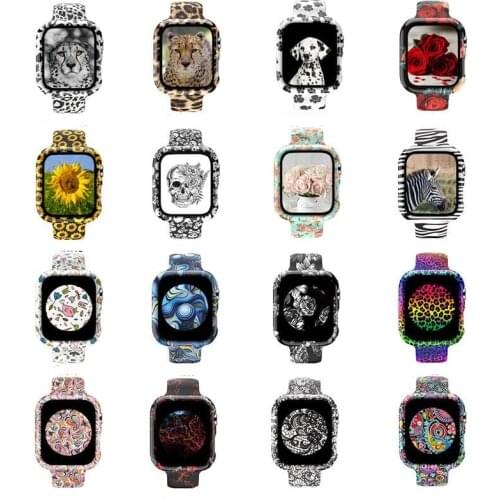 Set For Apple Watch Series 6 5 4 3 2 1 SE Leopard Zebra Flower 9H Tempered Glass Case Cover Wrist Band Strap