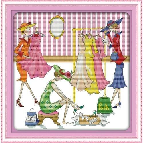 Joy Sunday Happy Shopping Printed Canvas DMC Counted DIY Chinese Cross Stitch Kit Printed Cross-stitch Set Embroidery Needlework