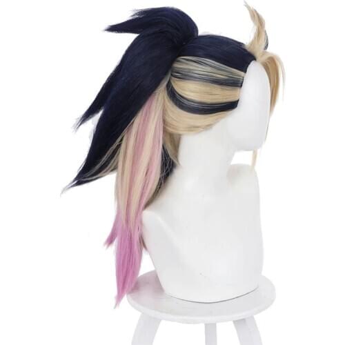Game LOL KDA The Baddest Akali Role Play Mixed Color Ponytail Long Heat Resistant Synthetic Hair Cosplay Wigs + Wig Cap