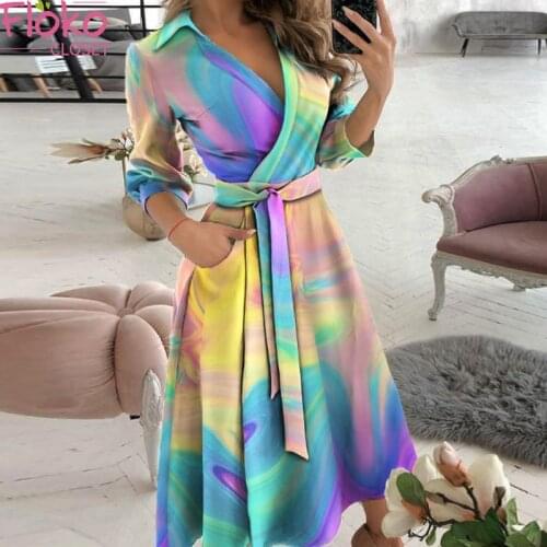Flokocloset Long Sleeve V-Neck Tie Dye Dress Spring Autumn Lace Print Bodycon Dresses