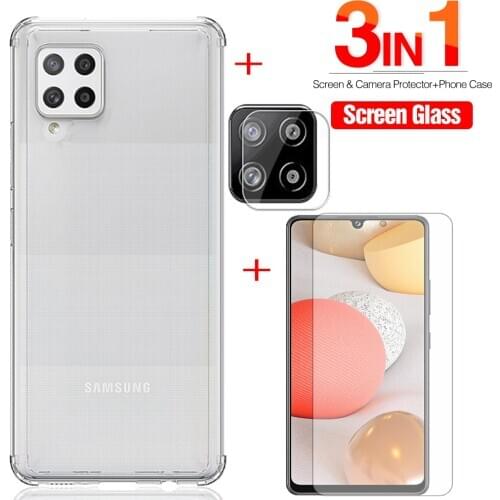 3in1 Transparent TPU Silicone Case For samsung galaxy 42 5g 2020 Tempered Glass on for samsung a42 a 42 Camera Protection Film