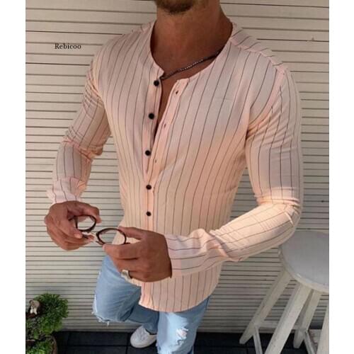 Shirt Men Spring Summer Fashion Cool Tops Mens Shirt Striped Slim Fit Casual Shirts o Neck Casual Shirt