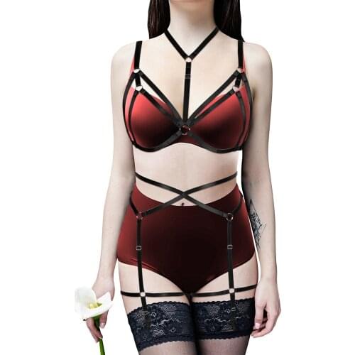 Sexy Lingerie Set Gothic Body Strappy Top Chest Bodysuit Garter Suspender Belt Bandage Harness Bra Club Dance Rave Costume