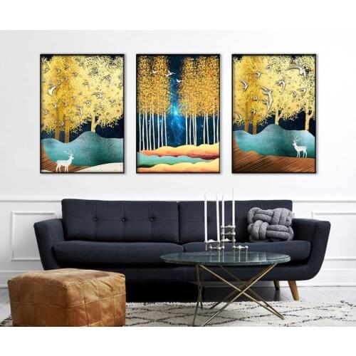 Modern Canvas Painting Poster Print Golden Leaf Fly Bird Bailu Picture Wall Art Nordic Abstract Decor Posters for Living Room