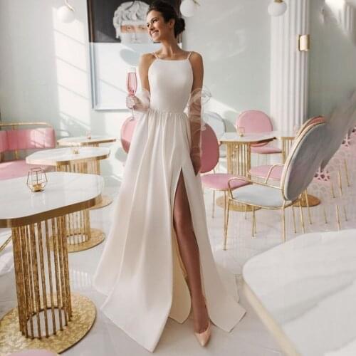 Spaghetti Thin Straps Satin Wedding Party Dress High Slit Cheap Simple 2021 Plus Size Open Back Floor Length Zipper Bridal Gown