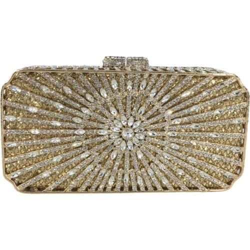 Boutique De FGG Hollow Out Golden Box Shape Women Crystal Clutch Purse Metal Case Evening Bags Wedding Party Minaudiere Handbags