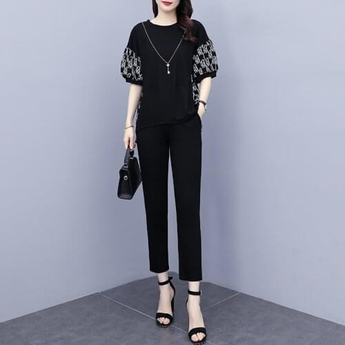 Summer Fashion Loose Pants Set Women 2 Piece Sets Plus Size Outfits Korean Short Sleeve Tunic Tops + Elastic Waist Pants Suits