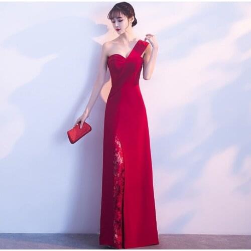 Evening Dress Burgundy Embroidery Sexy Mermaid One-Shoulder Sleeveless Floor-length Plus size Women Formal Party Dresses C1307