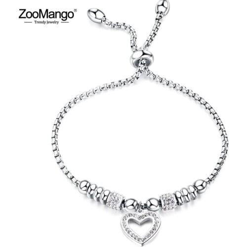ZooMango Titanium Stainless Steel Mosaic Crytal Heart Charm Bracelets For Girl Rose Gold Adjustable Chain Link Bracelet ZB20053