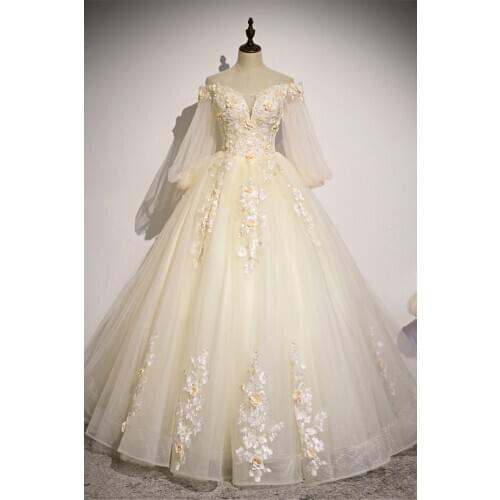 100%real light yellow flower embroidery vintage ball gown royal Medieval Renaissance Victorian dress Belle ball