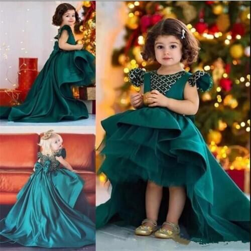 Mother Daughter Princess Dress for Cute Baby Girl High Low Green Satin Gowns with Big Bow and Cap Sleeves Birthday Party Gowns
