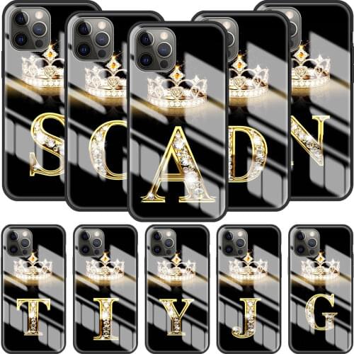Phone Case for iPhone 11 12 Pro 7 8 XR X 6 6S Plus 5 XS Max SE Tempered Glass Coque Back Cover Diamond Crown Letter