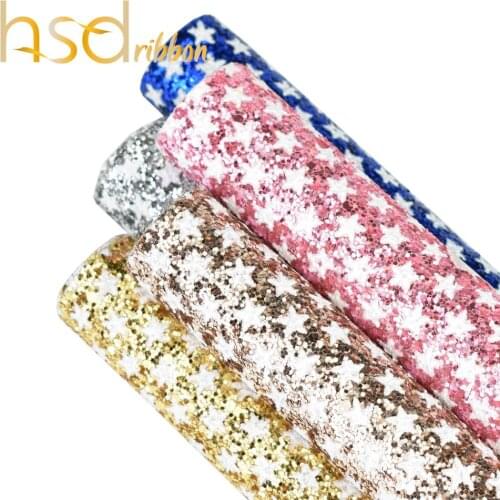 HSDCraft 20x34cm A4 White Star Printed on Synthetic Glitter Leather Fabric,DIY handmade materials