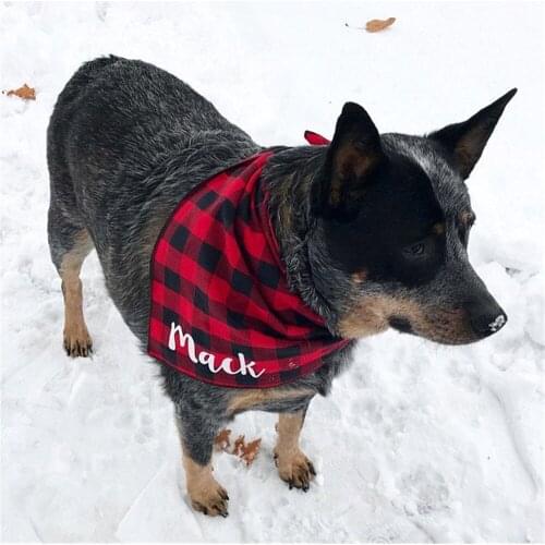 Personalized Plaid Dog Bandana, Red Plaid Dog Neckerchief, Custom Name Dog Bandana Puppy Dog Gift