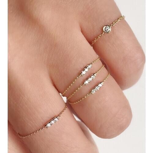 3MM bezel round cz 5mm three cz bar charm simple chain band 925 sterling silver ring size 6 7 8