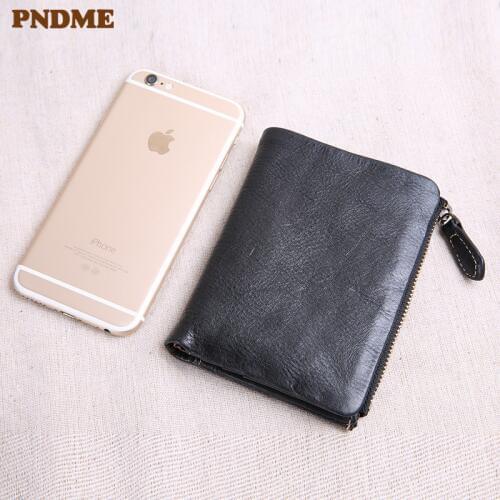 PNDME natural genuine leather mens wallet simple fashion hasp zipper short real cowhide credit card holder womens coin purse