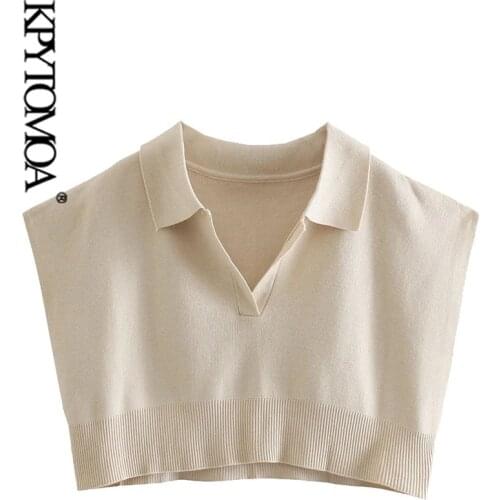 KPYTOMOA Women 2021 Fashion With Ribbed Trims Cropped Knitted Sweater Vintage Lapel Collar Sleeveless Female Pullovers Chic Tops
