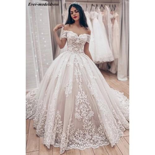 Lace Ball Gown Princess Wedding Dresses 2019 Sweetheart Off The Shoulder Appliques Lace Up Back Muslim Bride Wedding Gowns