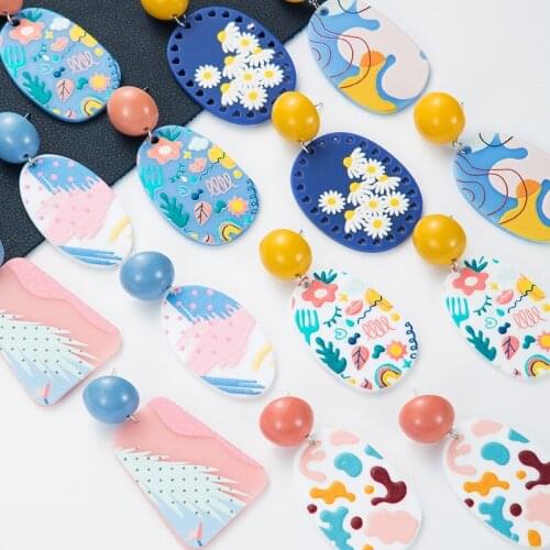 Fashion Resin Printing Flower Striped Geometric Earrings Female Popular Ethnic Dangle Earrings Party Accessories