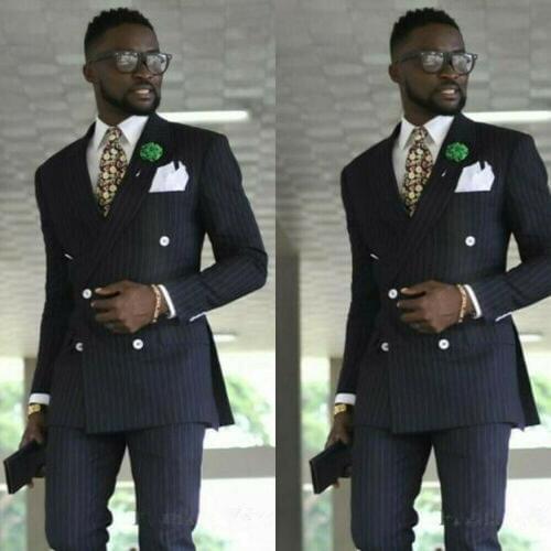 Navy Blue Striped Men Suit 2 Pieces Slim Fit Double Breasted Groom Wear Formal Prom Party Wear Blazer(Jacket+Pants)