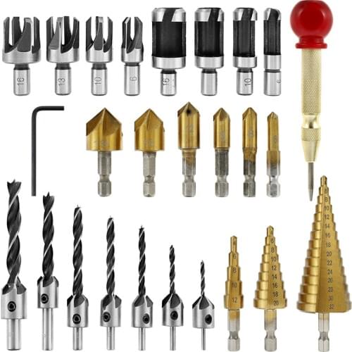 26Pcs Drill Bits Wood Cutter Tool Chamfer Drill Bit Set Wood Plug Cutter Automatic Center Pin Punch Step Drill Bit