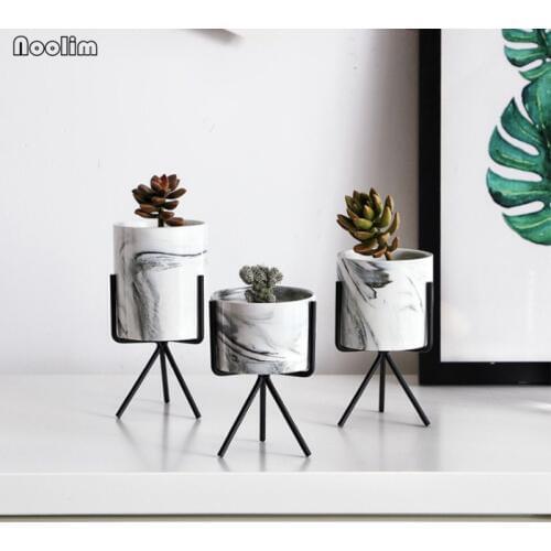 NOOLIM Nordic Gold-plated Flower Pot Iron Vase Minimalism Iron Frame Succulents Flower Pot Marble Hydroponic Flower Vase Set