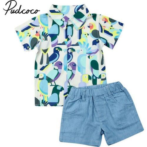 Pudcoco Toddler Baby Boys Kids Summer Clothes Short Sleeve Bird Print Dress shirt Tops + Denim Shorts Short Pants Outfits Set