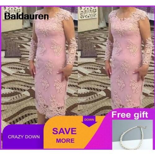 Pink Mother of the Bride Dresses With Long Sleeves Appliqued Illusiuon Tea Mid-Calf Formal Wedding Party Evening Gown Women