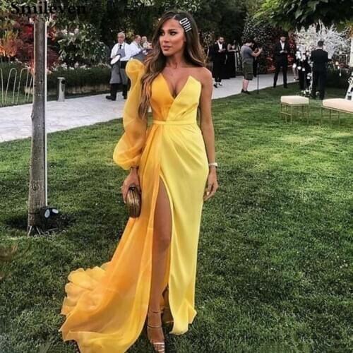 Smileven Sexy Formal Evening Dress Robe de Soiree Yellow Prom Gowns Split One Shoulder Evening Party Gowns Vestido de Festa