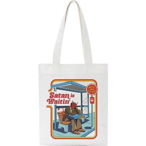 Death Evil Devil Printing Harajuku Female Shoulder Canvas Bag Handbag Ins Large Capacity Tote Bag Reusable Ladies Shopping Bags