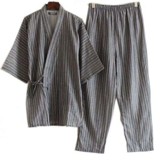 Plus Size Japanese pajamas Sets Mens Striped Pijamas Male 100% cotton Spa Robe sets for male boxer kimono robes Men Home hombre