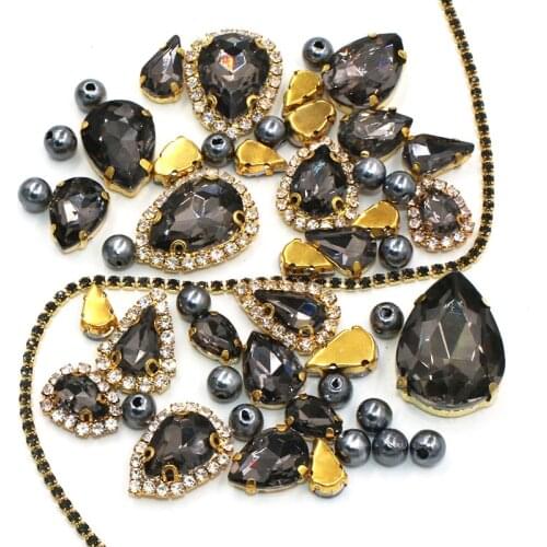 Wedding Decoration gold base Gray Mix size Glass Crystal Stones Pearl Beads Cup Chain Rim Rhinestones Sew On Clothing/Dress