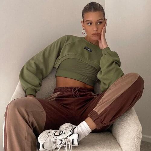 Hoodie Solid Green 2 Piece Set Slash Neck Camis Long Sleeve Crop Top Autumn Pullovers Sweatshirts Causal Fashion Women Hoodies