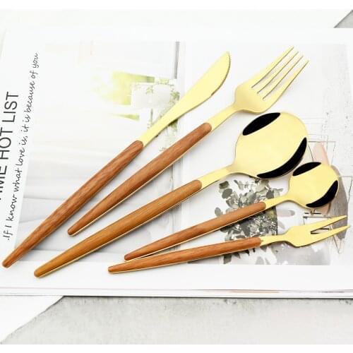Western Wooden Handle Cutlery Set Luxury Stainless Steel Dinnerware Knife Tea Spoon Fork Silverware Tableware Set Dropshipping