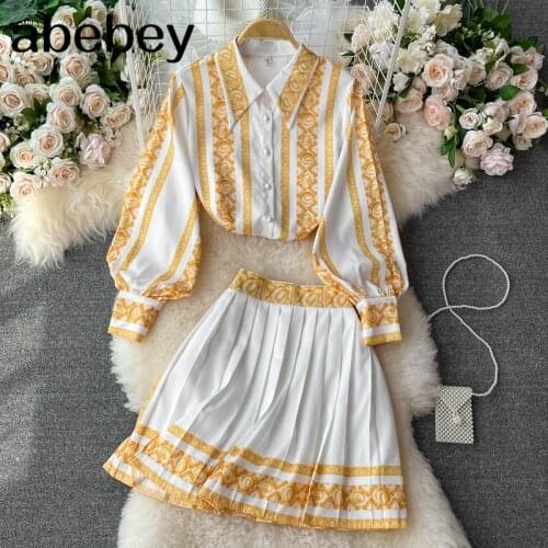 2021 New Summer Vintage turn-down collar long sleeve single breasted Shirt + high waist casual print pleated Skirt 2-piece set