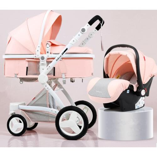 High Landscape Baby Stroller 3 in 1 Luxury Hot Mom Stroller Travel Pram Reversible Baby Trolley Pink Stroller with Car Seat