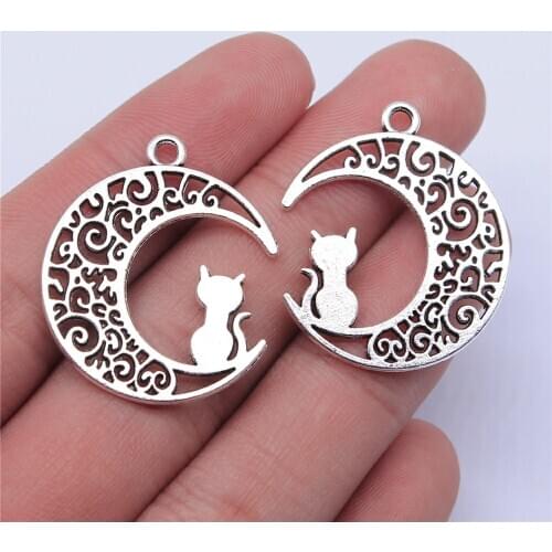 WYSIWYG 10pcs 30x26mm Antique Silver Color Moon Cat Charms Pendant For Jewelry Making DIY Jewelry Findings