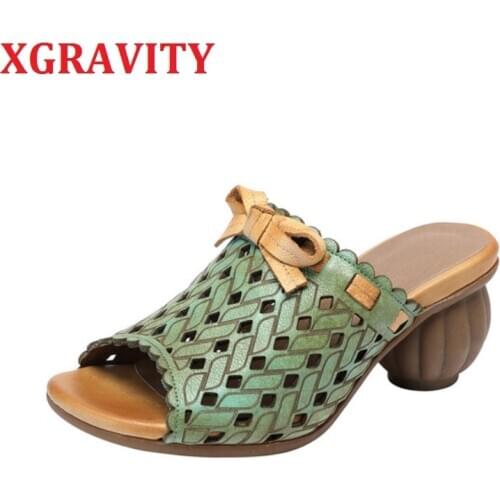 XGRAVITY Open Toe Shoes Genuine Leather High Heel Slippers Women Pumpkin Ethnic Woman Shoes Hollow Lady Footwear A045