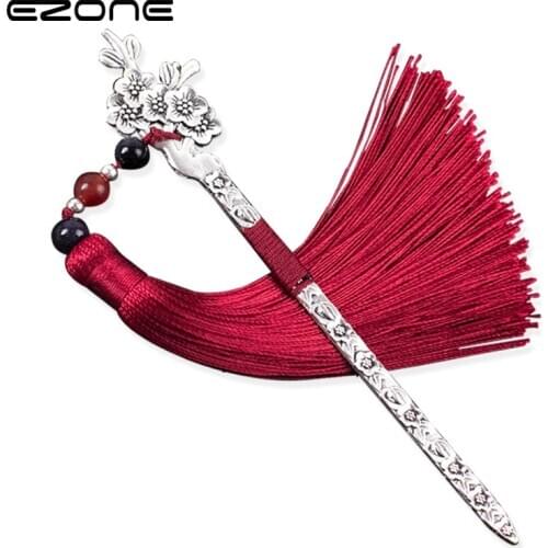 EZONE Chinese Style Vintage Antique Metal Bookmark Handmade Weave Long Tassel Beads Traditional Book Mark School Office Supplies