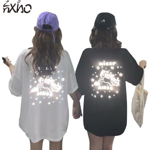 Reflective Unicorn Pattern Printing O-neck Loose Oversize Streetwear 2021 Summer Korean Style Fashion y2k Women Tops Tshirt